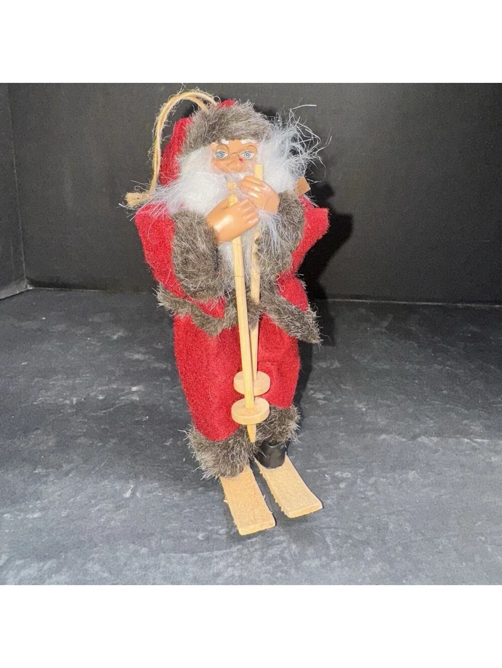 Vtg Santa Claus Skiing Figurine 7” Wooden Skis & Poles Faux Fur Trim Christmas